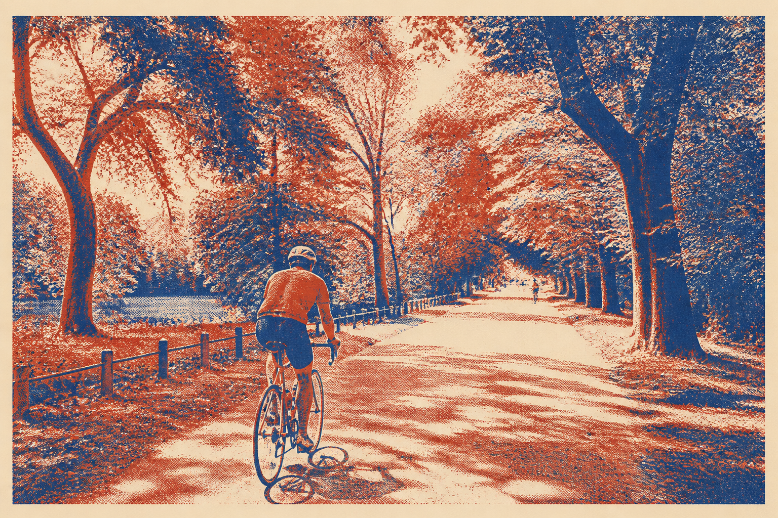 balade à vélo Bois de Boulogne Paris allée forestière Risograph cobalt