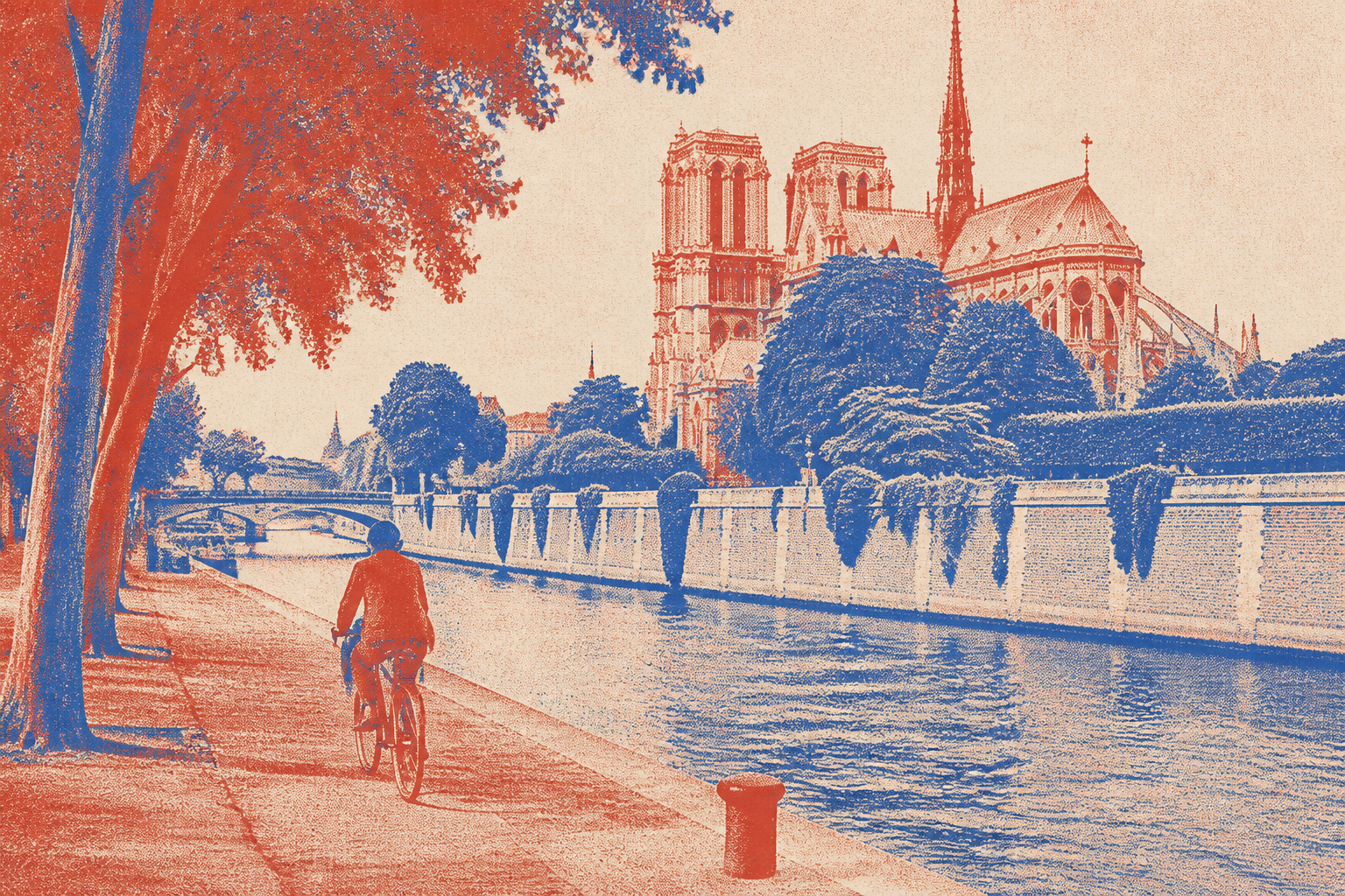 balade vélo Paris quais de la Seine vue Risograph cobalt et brique