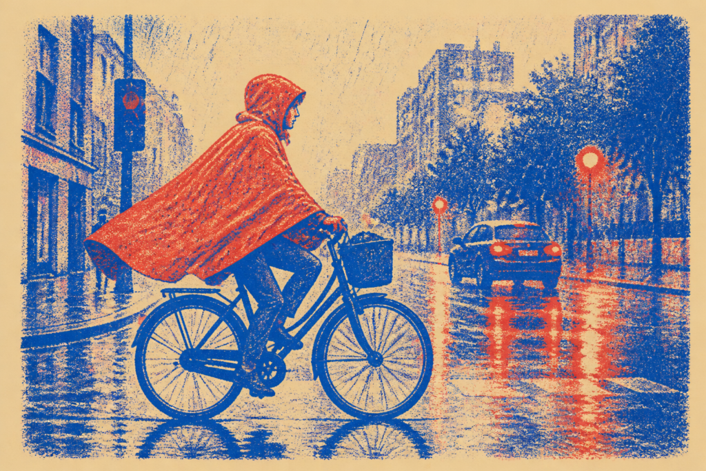 cape de pluie vélo vélotaf urbain sous la pluie — illustration Risograph cobalt