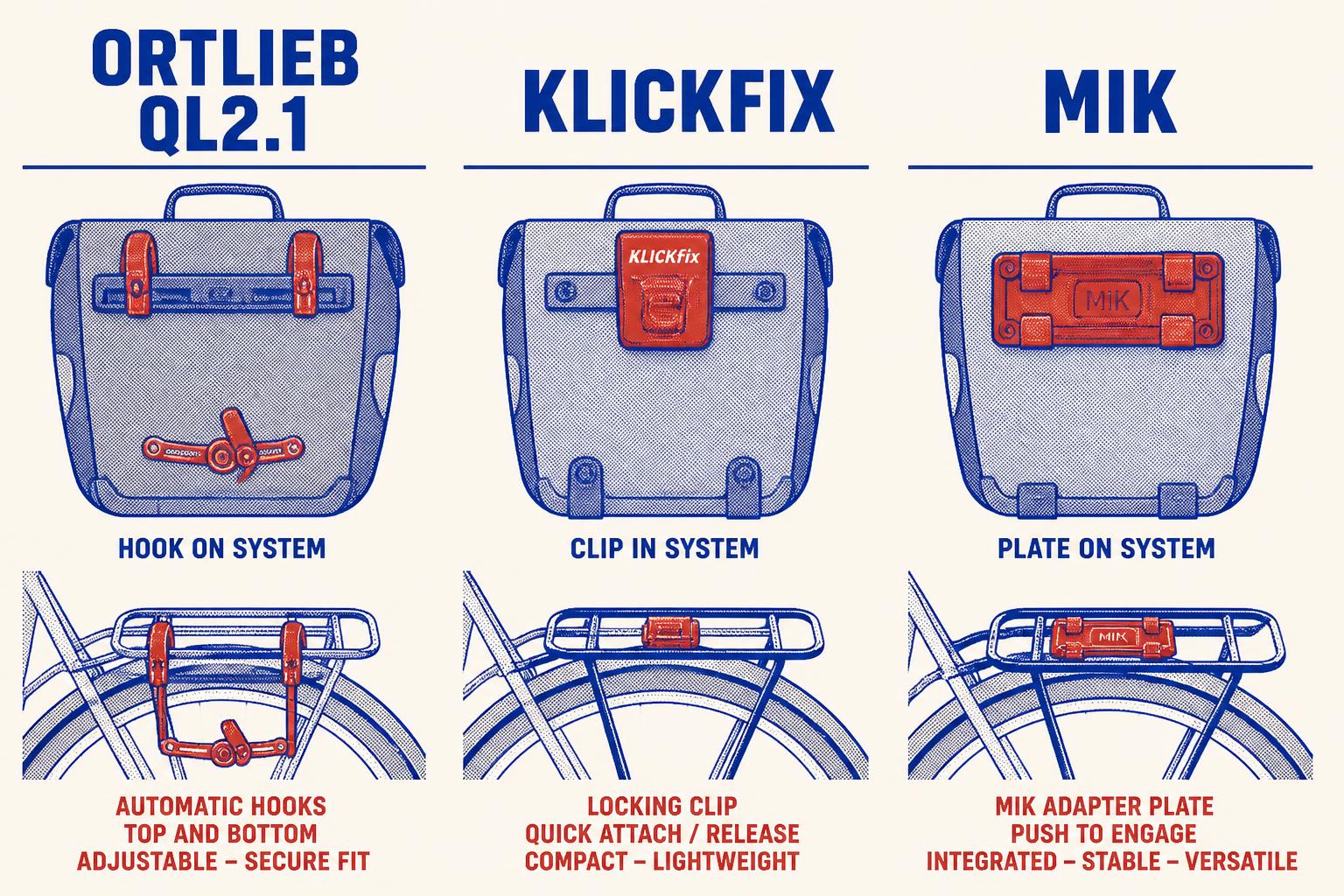Comparatif systèmes de fixation sacoche porte-bagages vélo : QL2.1 Ortlieb, KlickFix, MIK