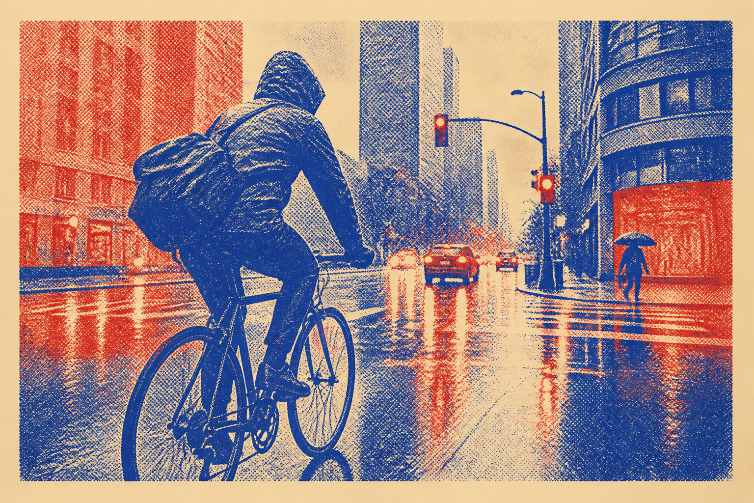cycliste vélotaf sous la pluie rue urbaine — illustration Risograph