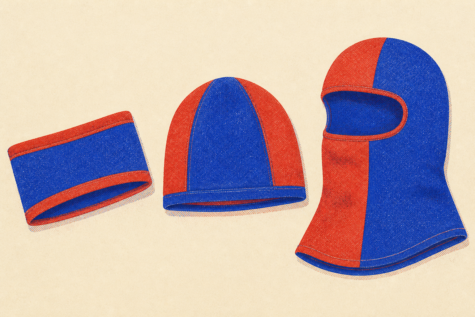 bandeau vélo, bonnet cyclisme et cagoule vélo posés côte à côte, illustration Risograph