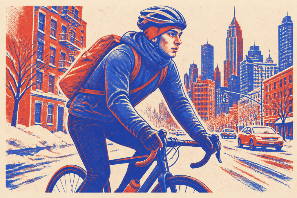 cycliste vélotaf urbain portant un bonnet sous casque vélo par temps froid
