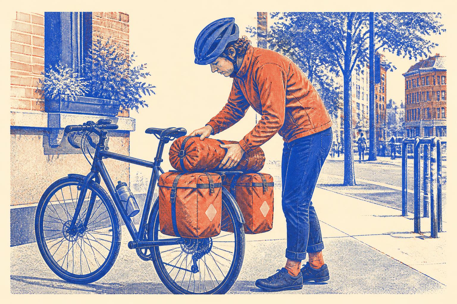 Illustration chargement équilibré sacoche double porte-bagages vélo, conseils terrain vélotaf