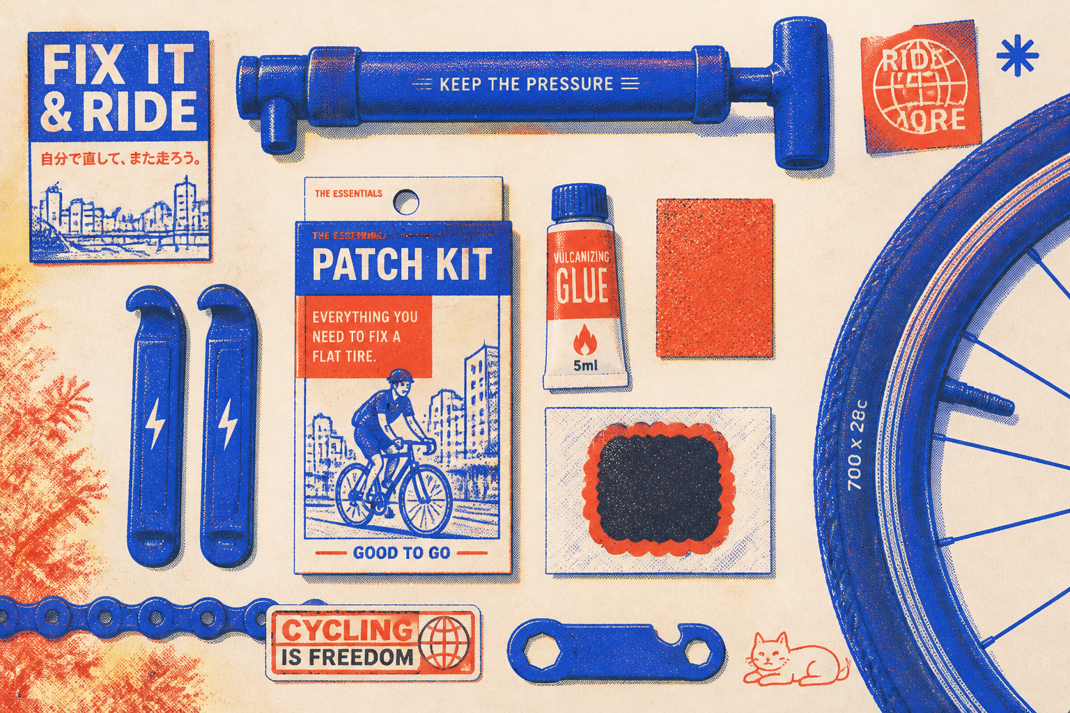 kit de réparation crevaison vélo avec rustines, démonte-pneu et colle