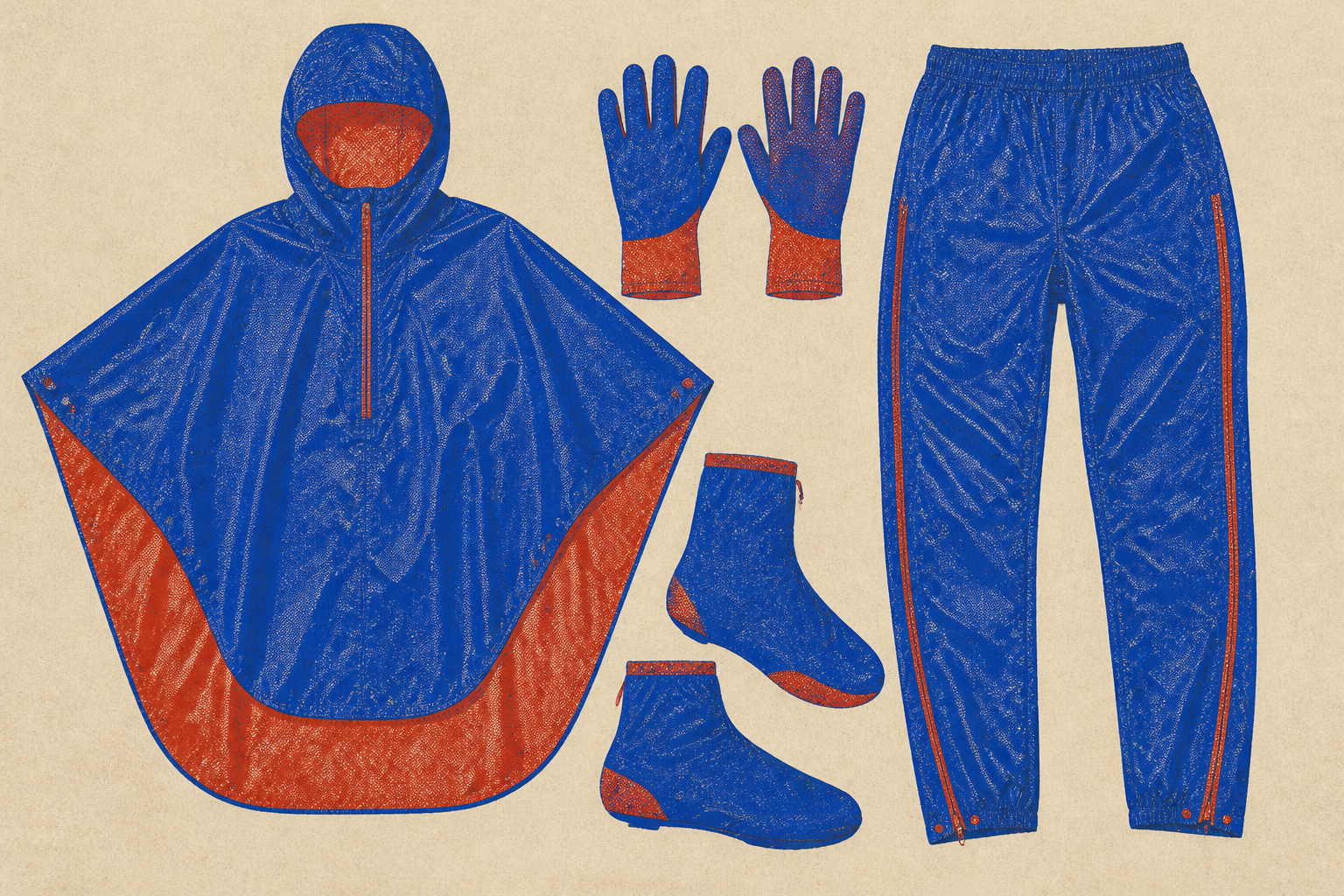 kit complet vélotaf pluie surpantalon couvre-chaussures gants — illustration Risograph