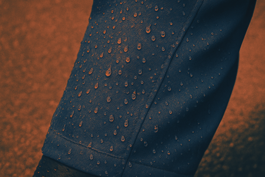 Pantalon vélo pluie — gouttes sur tissu technique imperméable