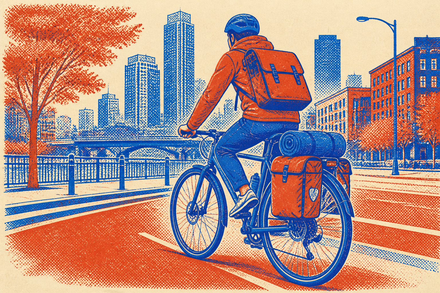 vélo vélotaf équipé porte-bagages chargé verdict illustration Risograph
