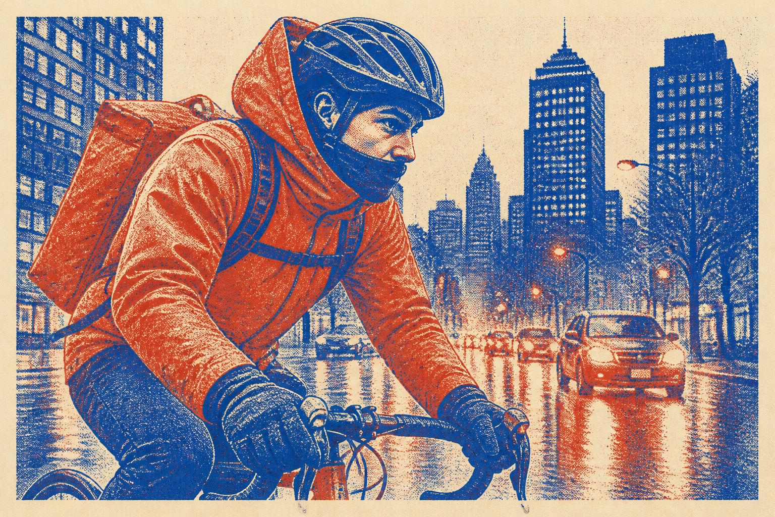 cycliste urbain vélotaf hiver avec gants vélo imperméables