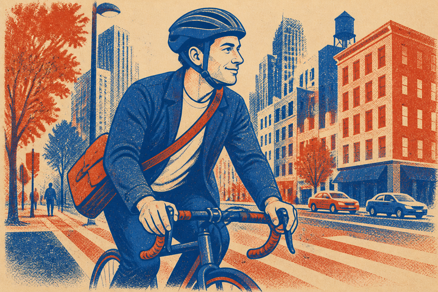 vélotafeur avec casque vélo urbain en ville rue parisienne illustration Risograph grain halftone