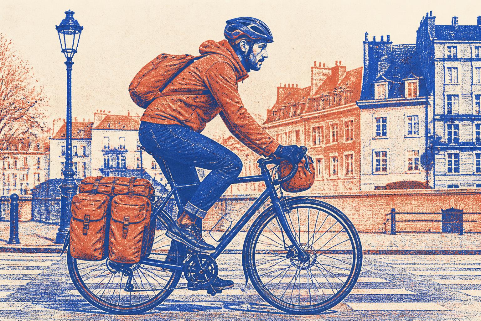 Vélotafeur avec sacoches porte-bagages vélo pleines en ville le matin