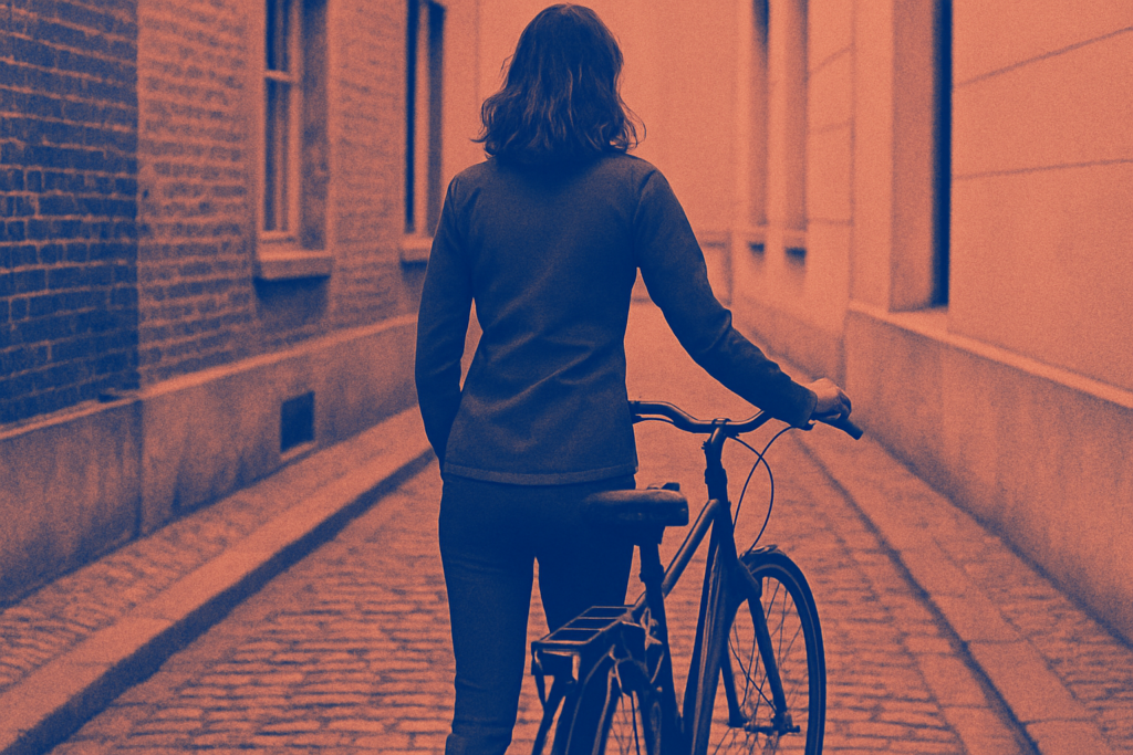 Vêtements vélo femme — cycliste en tenue éditoriale urbaine