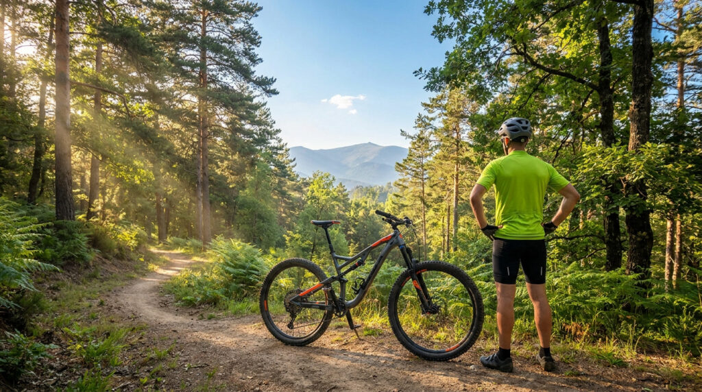 Vététiste en tenue fluo observant un chemin en forêt avec son vélo tout-terrain Rockrider sous un soleil couchant.