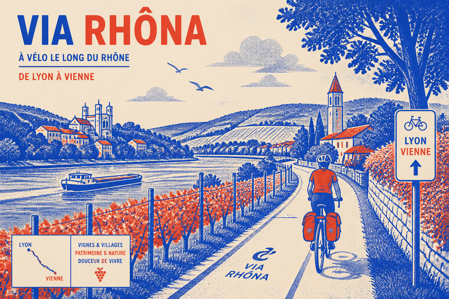 Cyclistes sur une voie verte en Alsace, plaine du Rhin, paysage verdoyant, style Risograph cobalt et brick