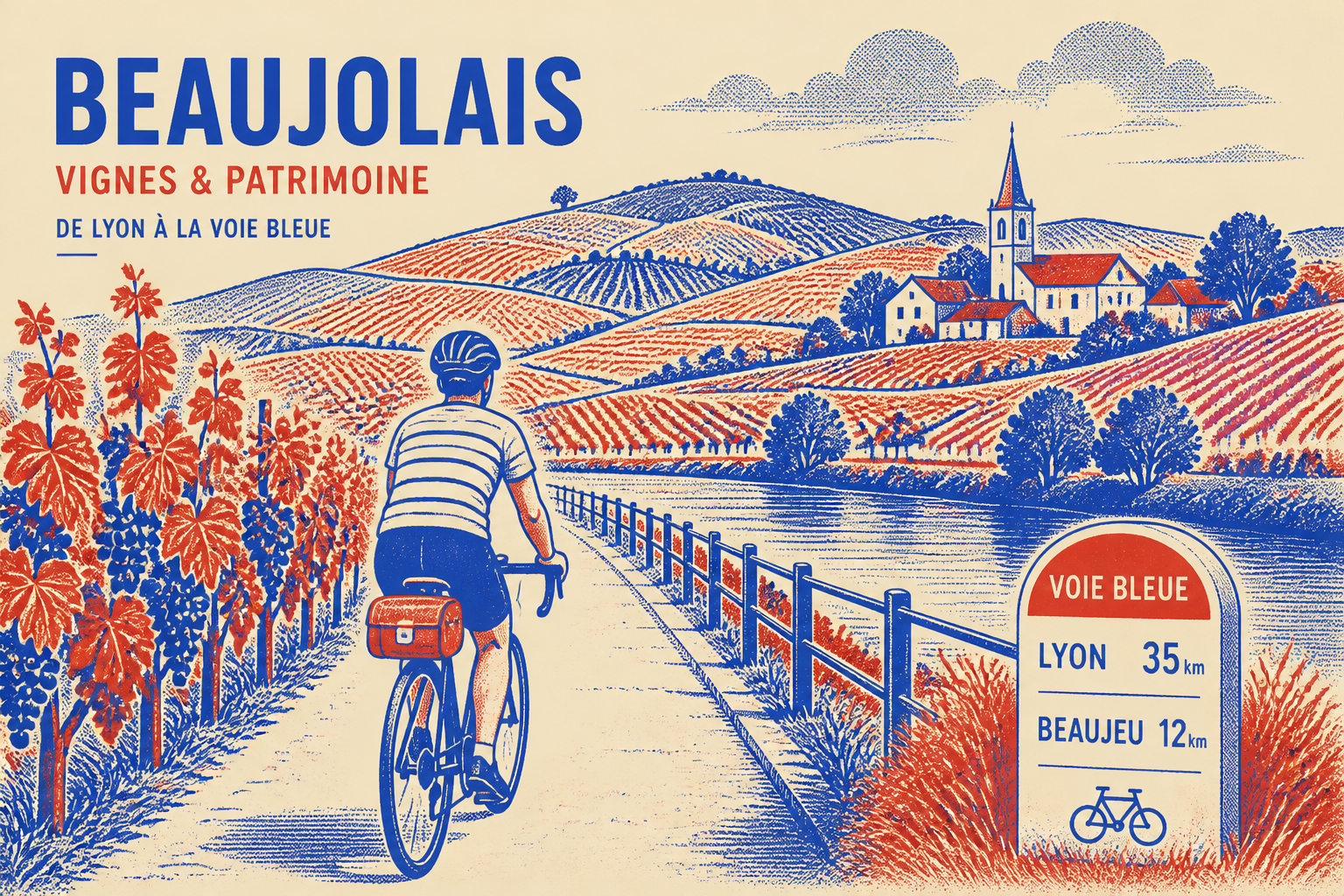 Cycliste dans les vignes du Beaujolais depuis Lyon, voie cyclable Voie Bleue, style Risograph cobalt brique