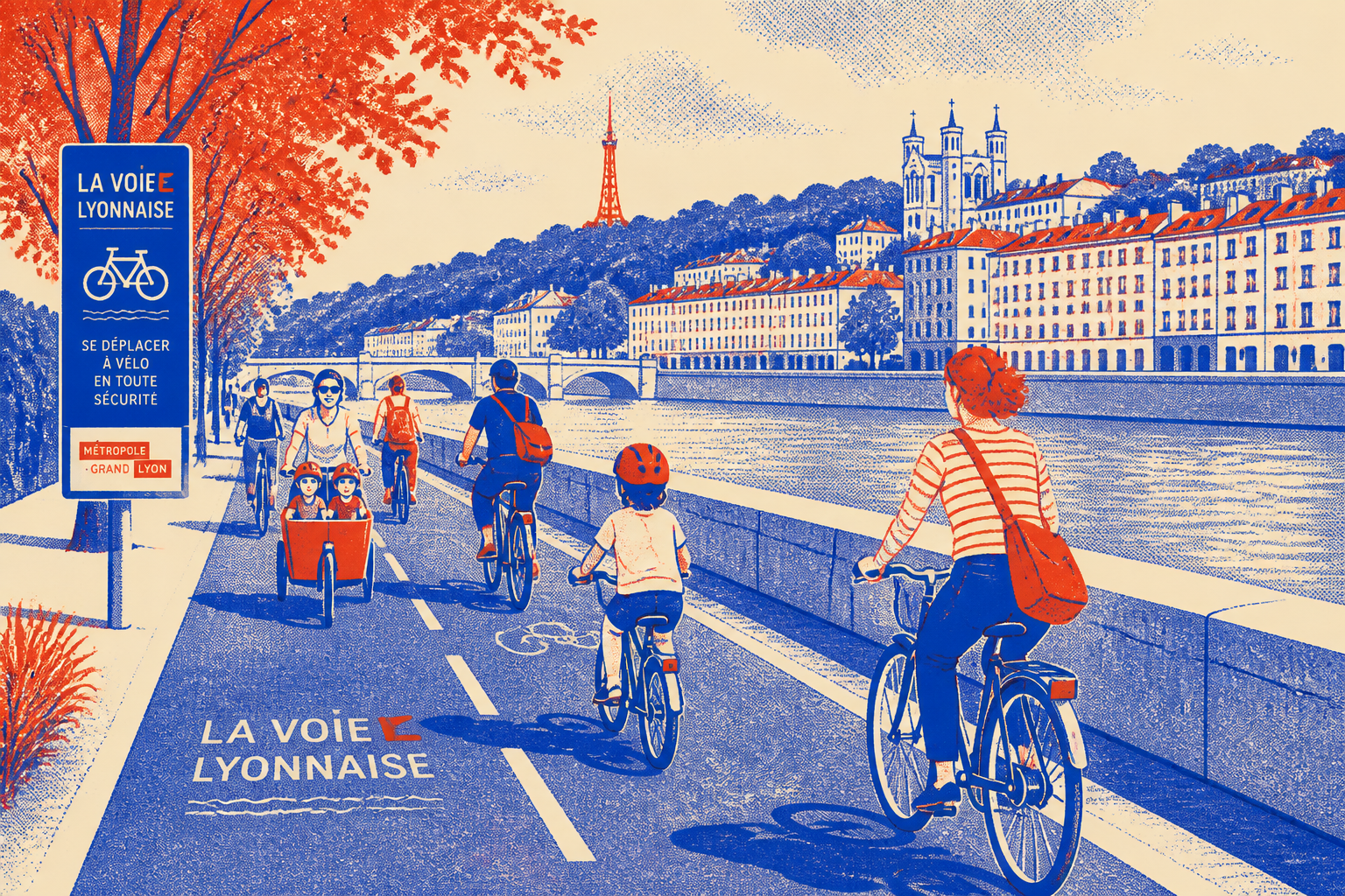 Balade à vélo sur les berges du Rhône à Lyon, piste cyclable sécurisée, style Risograph cobalt