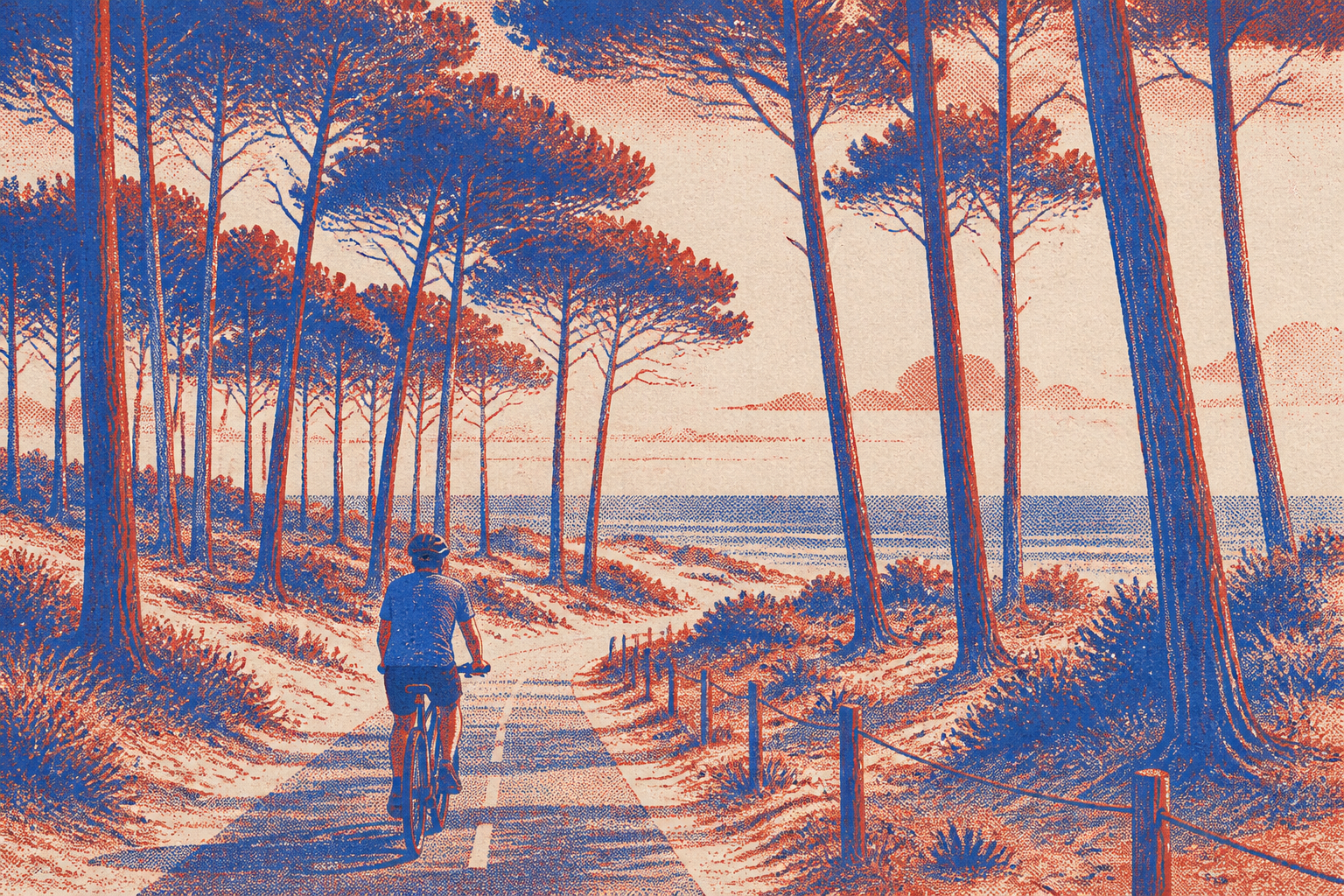 piste cyclable de Bordeaux vers Arcachon, forêt de pins des Landes, cycliste solitaire, style Risograph cobalt et beige