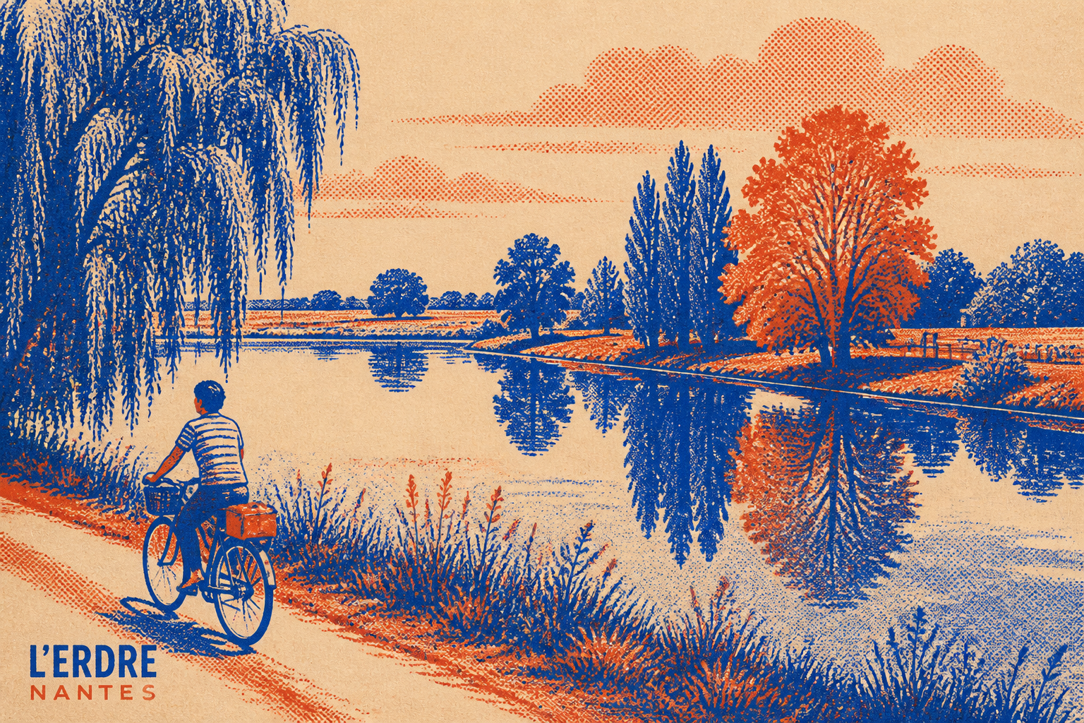 Voie verte le long du canal de la Bruche en Alsace, cyclistes sur la piste, écluse, style Risograph cobalt