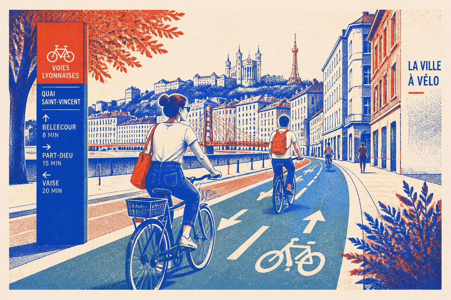 Longue allée de platanes géants le long du canal du Rhône au Rhin en Alsace, cycliste, voie verte, Risograph