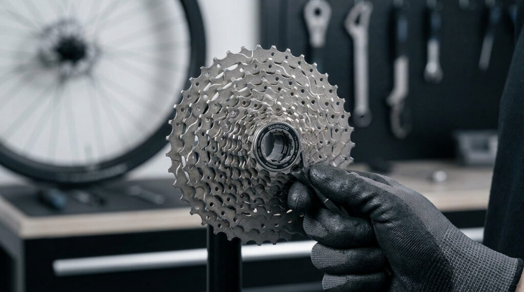 Main gantée installant une cassette de vélo Shimano 11 vitesses dans un atelier de réparation.