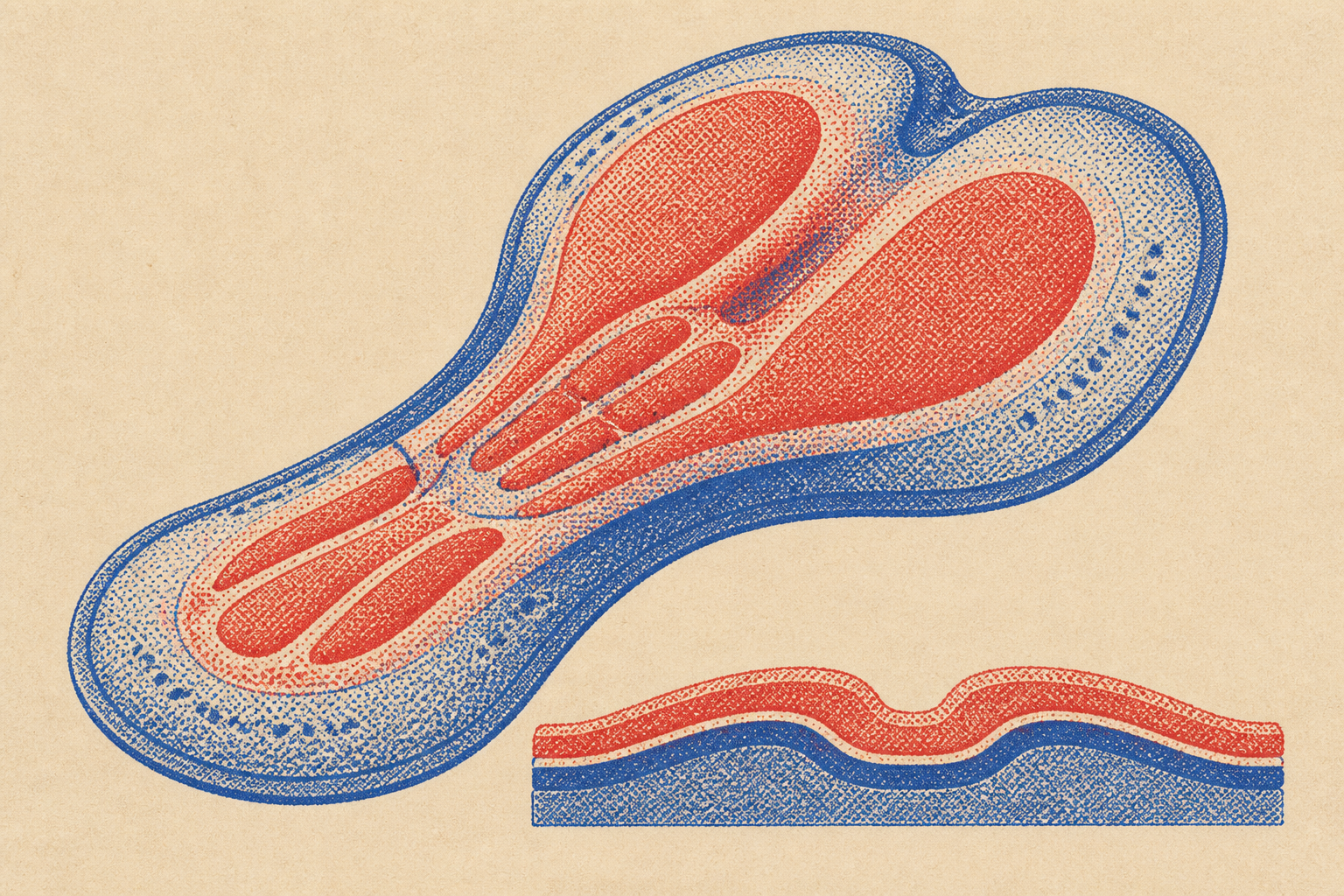 Chamois anatomique féminin vélo — zones de densité mousse — illustration Risograph Traajet