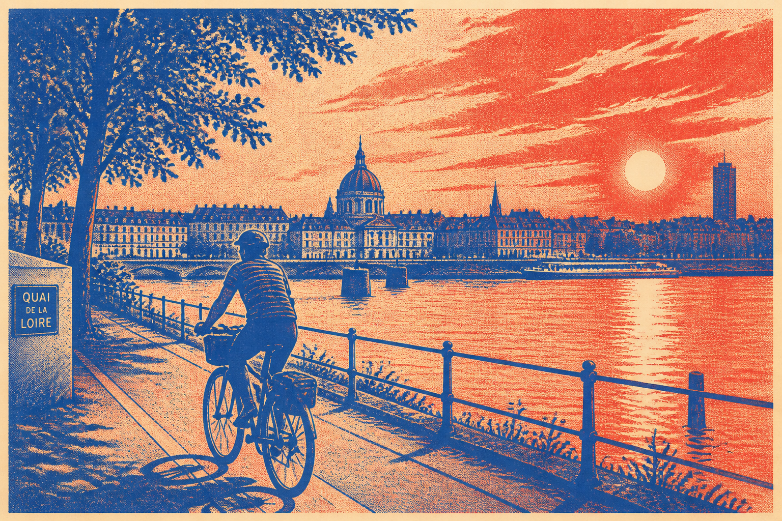 Balade à vélo à Strasbourg, piste cyclable longeant un canal alsacien, style Risograph cobalt et brick