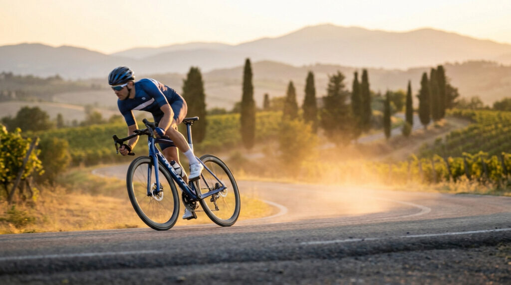 Cycliste professionnel sur un vélo de route bleu Colnago sur une route sinueuse en Toscane au coucher du soleil.