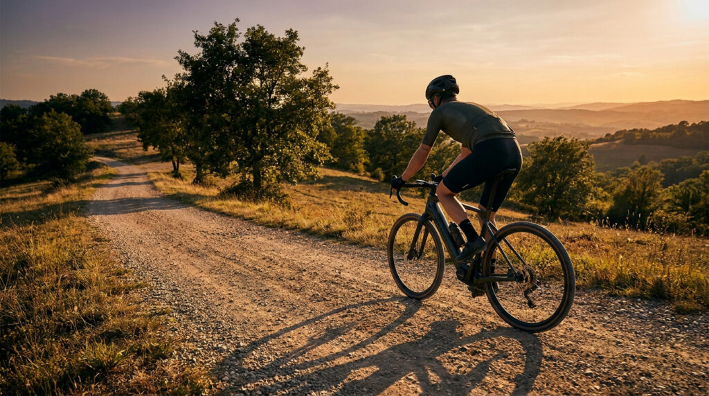 Un cycliste roule sur un chemin de terre avec un vélo gravel électrique lors d'un coucher de soleil.