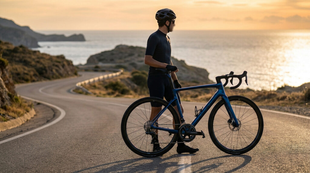 Cycliste en tenue professionnelle avec un vélo Pinarello bleu sur une route côtière au coucher du soleil.