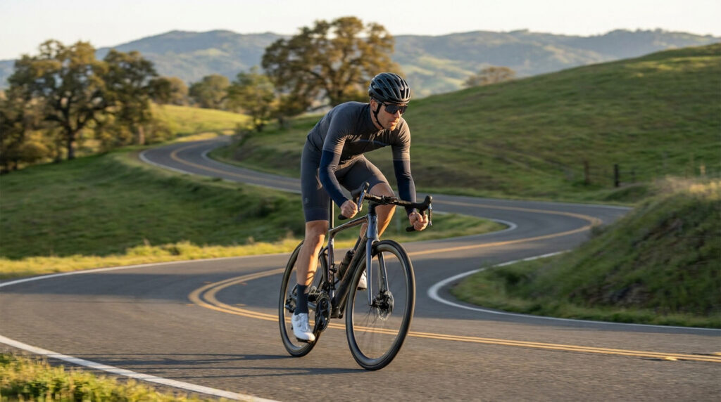 Un cycliste professionnel équipé en Assos roule sur une route sinueuse en montagne sous la lumière dorée.