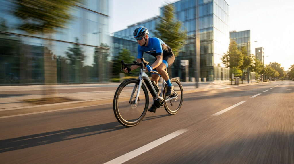 Cycliste portant un casque et une tenue de sport roulant rapidement sur un vélo électrique urbain moderne.