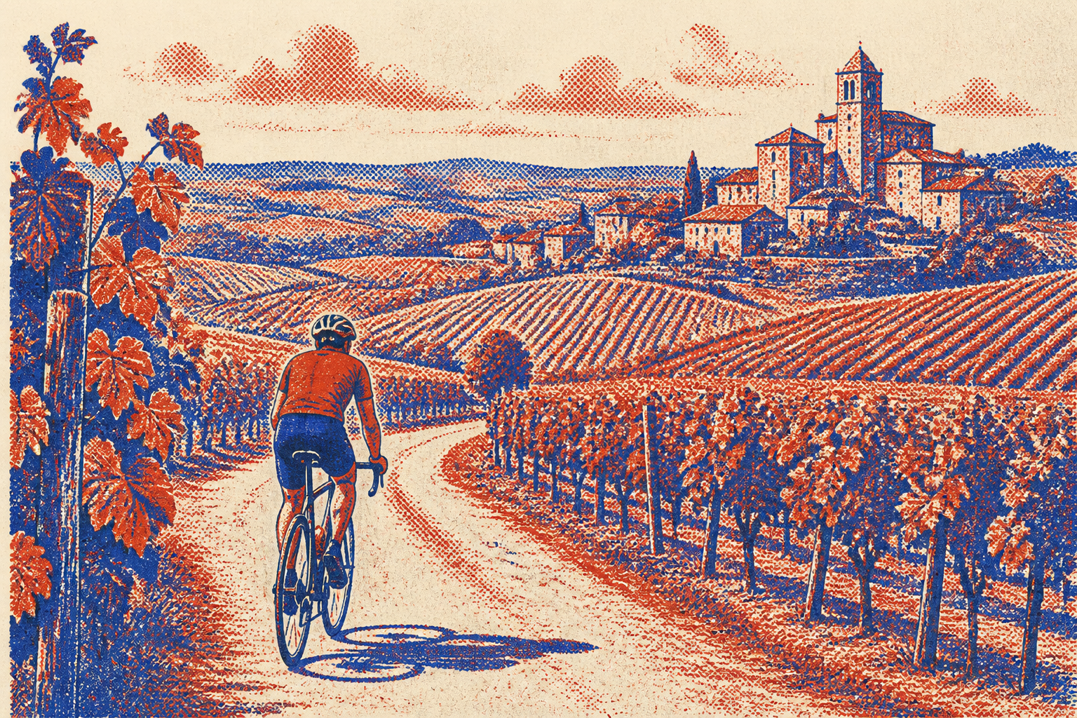cycliste dans les vignobles de l'Entre-deux-Mers Gironde, chemin de campagne entre les rangs de vigne, style Risograph cobalt et brique