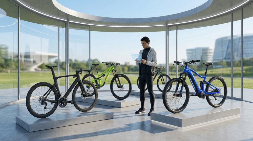 Un homme examine des vélos modernes dans un showroom circulaire futuriste avec une tablette numérique.