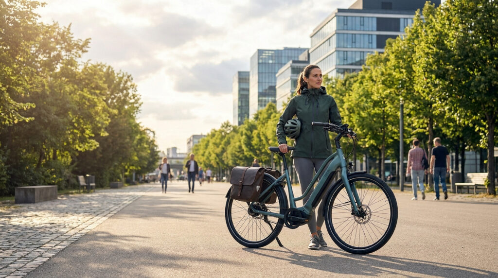 Femme debout avec son vélo électrique urbain sur une allée arborée devant des bâtiments modernes.