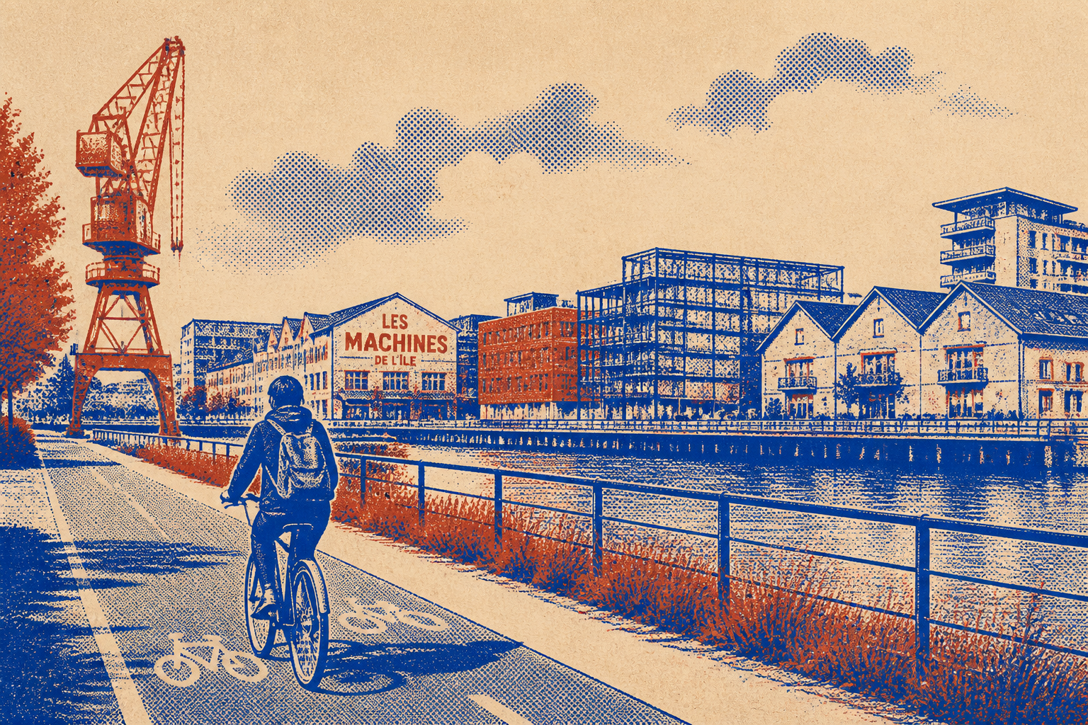 Cycliste dans la forêt alluviale de la Robertsau à Strasbourg, sous-bois dense, piste cyclable ombragée, Risograph