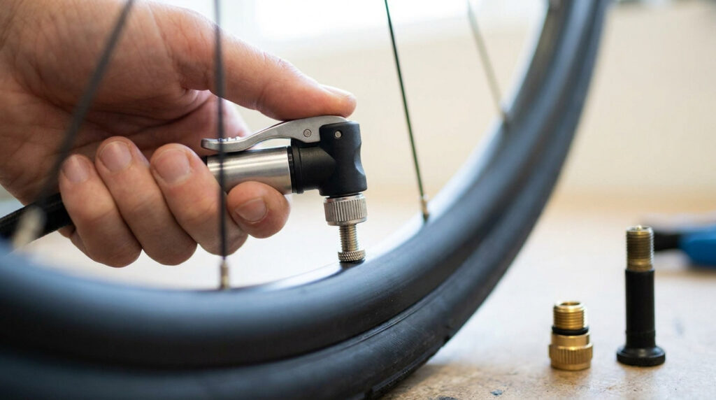 Une main fixe un embout de pompe sur la valve d'une roue de vélo, avec des pièces de rechange posées sur la table.