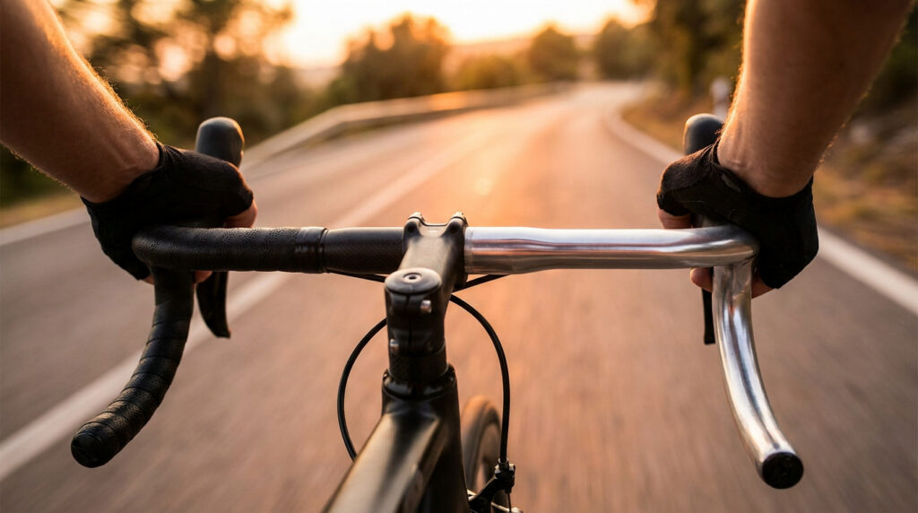 Vue subjective d'un cycliste tenant le guidon d'un vélo de route sur une route au coucher du soleil.