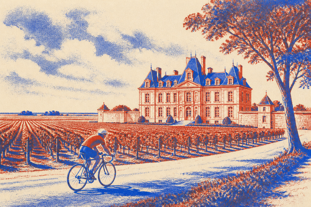 Cycliste sur une piste cyclable à Strasbourg, canal alsacien, style Risograph cobalt