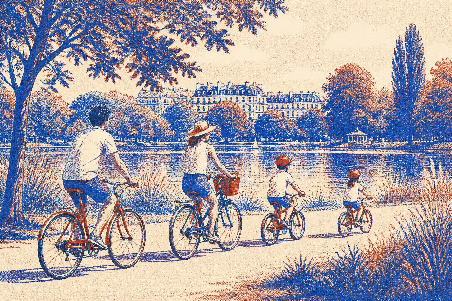 Station Vélhop avec vélos rangés à Strasbourg, rue urbaine, style Risograph cobalt