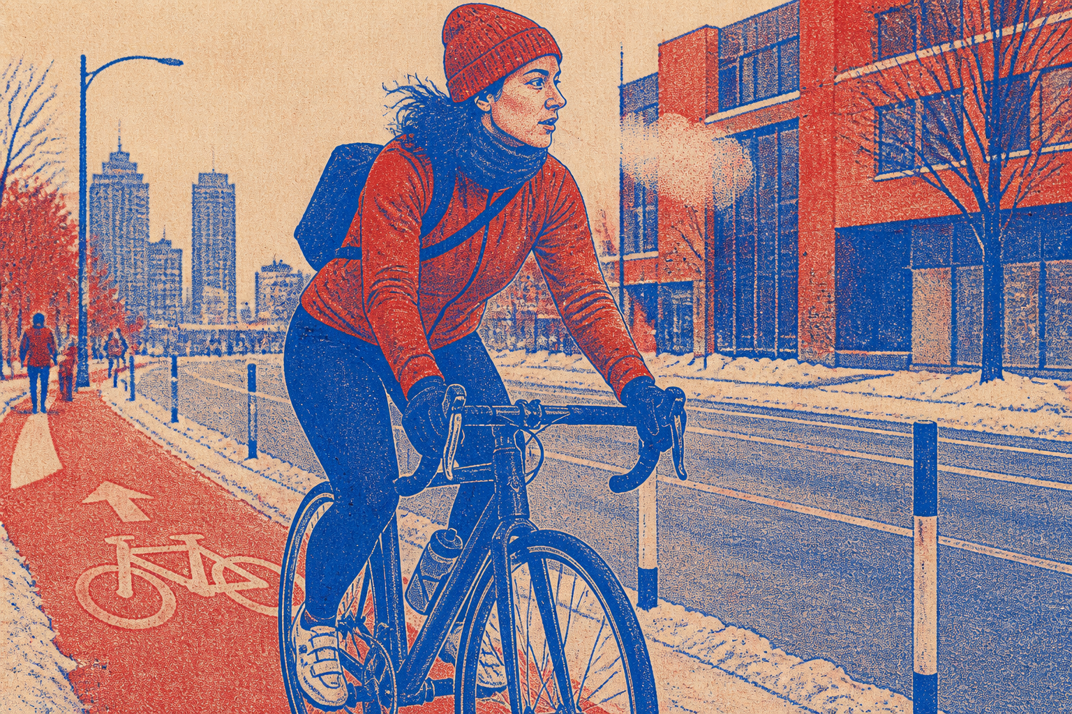 Legging thermique vélo femme en vélotaf hivernal — illustration Risograph Traajet