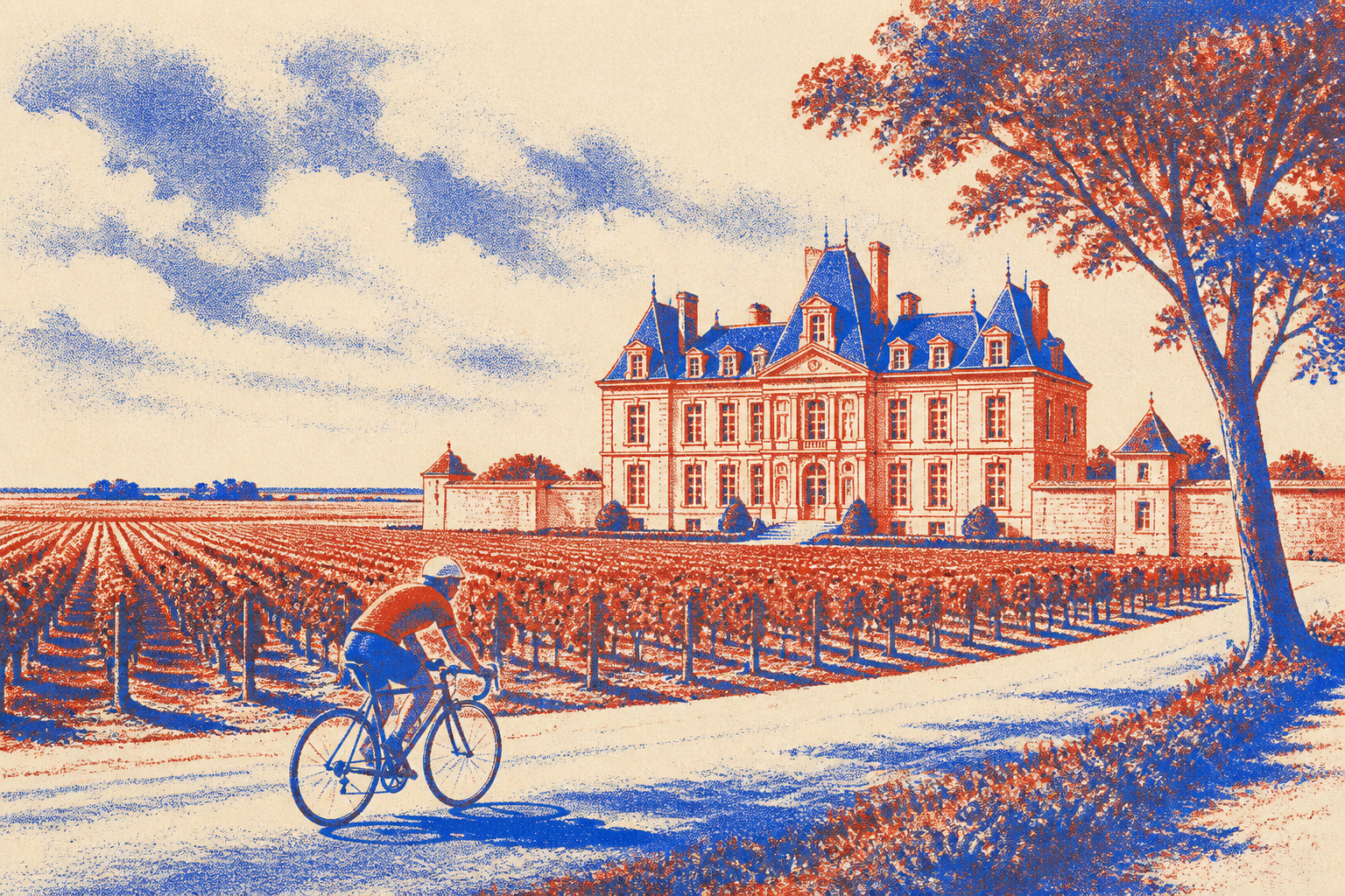 cycliste devant un château du Médoc bordelais, vignes en premier plan, route de campagne, style Risograph cobalt