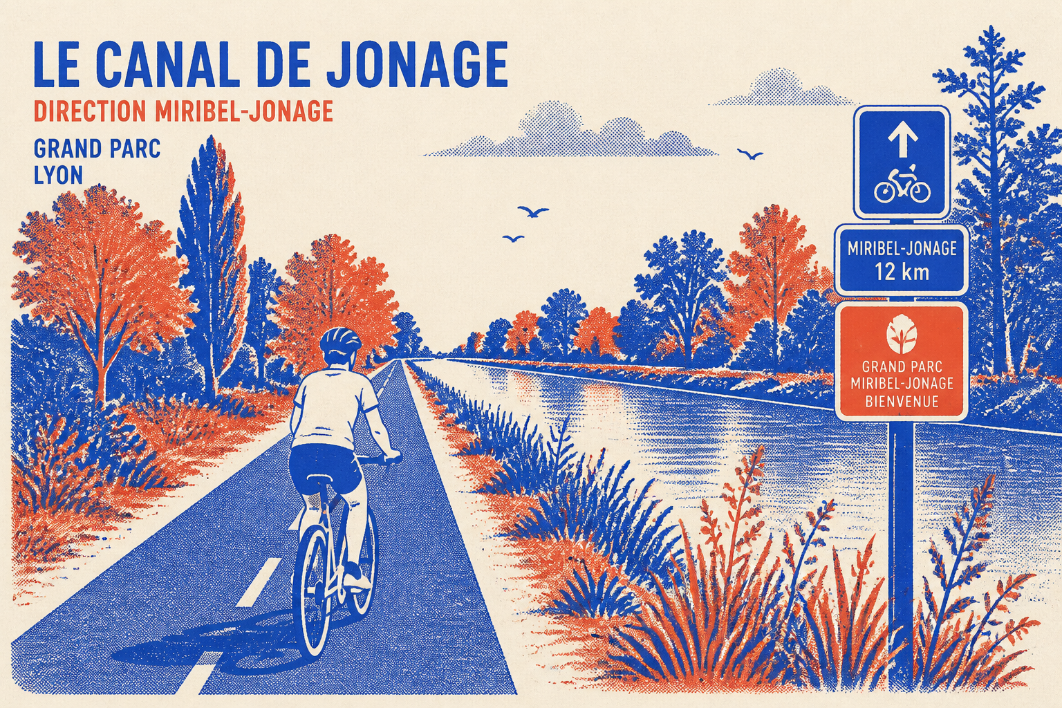 Cycliste sur la voie verte du canal de Jonage vers le Grand Parc de Miribel-Jonage Lyon, Risograph