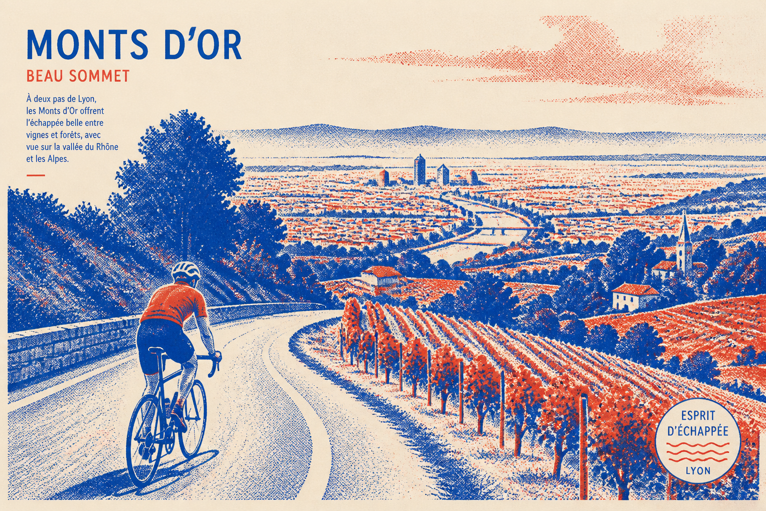 Cycliste dans les Monts d'Or près de Lyon, route entre vignes et forêts, style Risograph brique cobalt