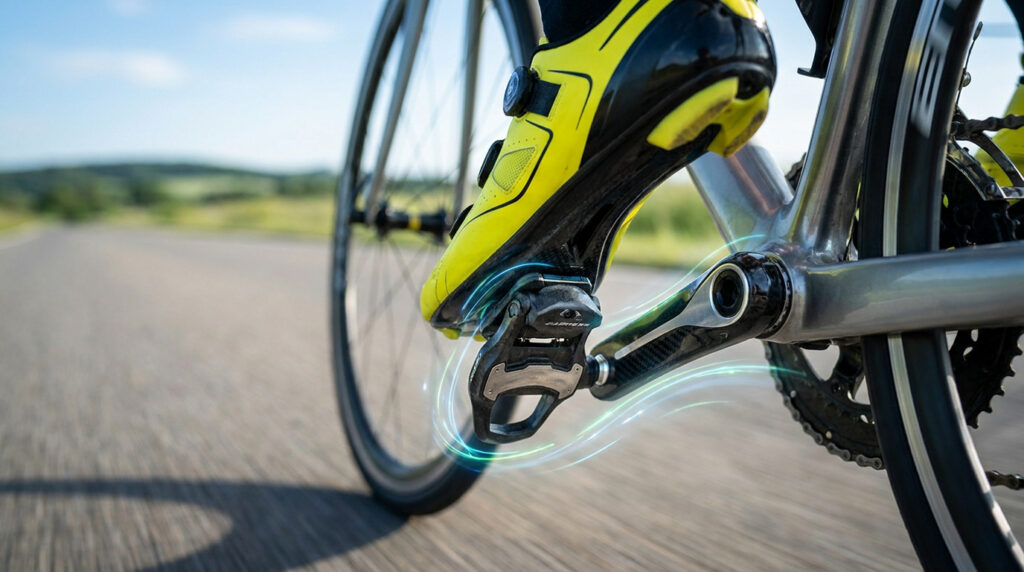 Gros plan sur un cycliste utilisant une pédale avec capteur de puissance sur une route asphaltée.