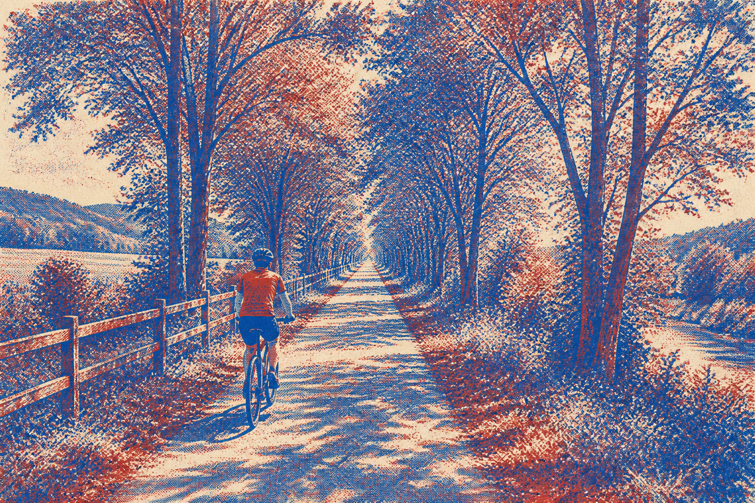 piste cyclable Roger Lapébie Bordeaux vers Créon, voie verte en tunnel de verdure, ancienne voie ferrée, style Risograph