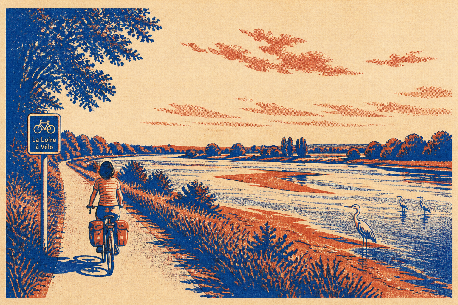 Cycliste passant devant un vestige de fort militaire alsacien en végétation, chemin gravel, style Risograph cobalt et brick