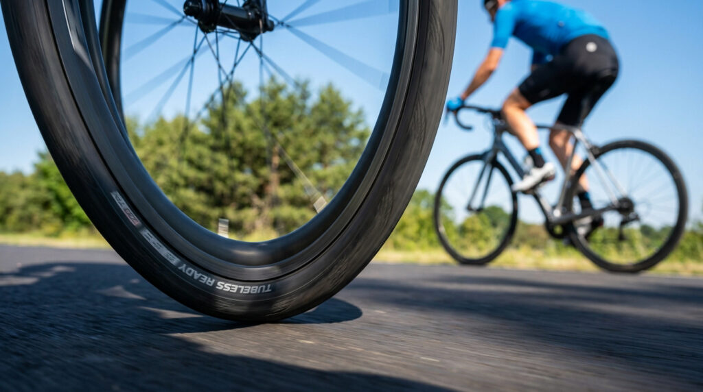 Gros plan sur la roue d'un vélo de route "tubeless ready" avec un cycliste flou en arrière-plan sur une route.