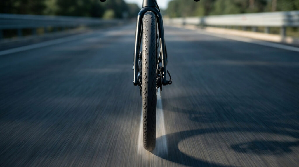 Vue frontale d'une roue de vélo de course Continental GP5000 S TR roulant sur une route goudronnée en pleine vitesse.