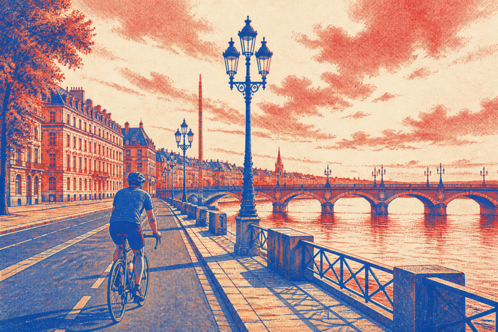 balade à vélo à Bordeaux sur les quais de la Garonne style Risograph cobalt