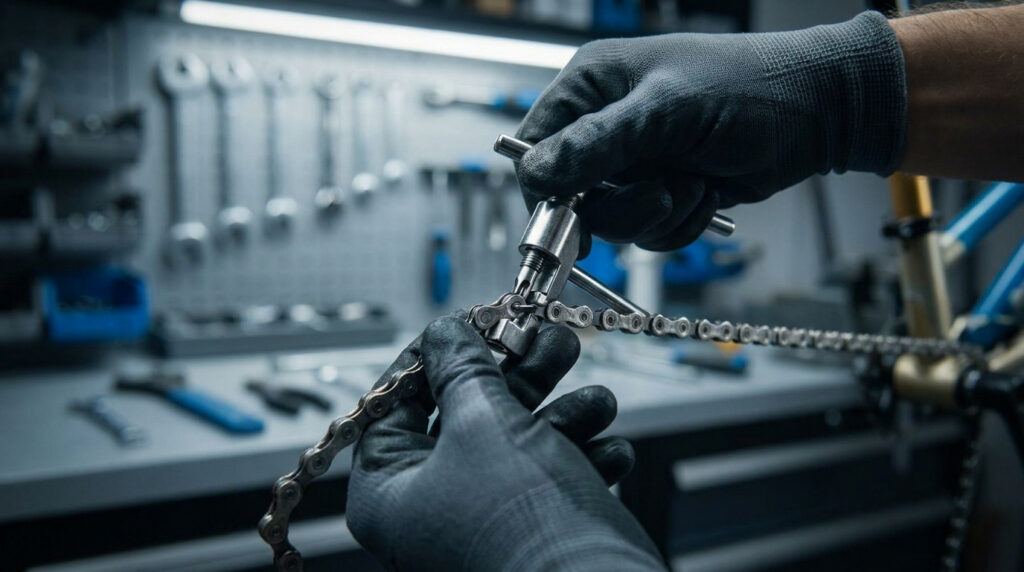 Mains gantées utilisant un dérive-chaîne sur une chaîne de vélo dans un atelier professionnel.